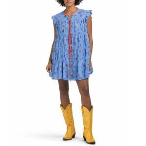 Free People Sundown Babydoll Mini Dress Blue S Small Boho Tiered Sundress NEW